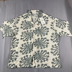 Zara Shirt Mens Large Beige Green Embroidered Camp Collar Short Sleeve Button Up